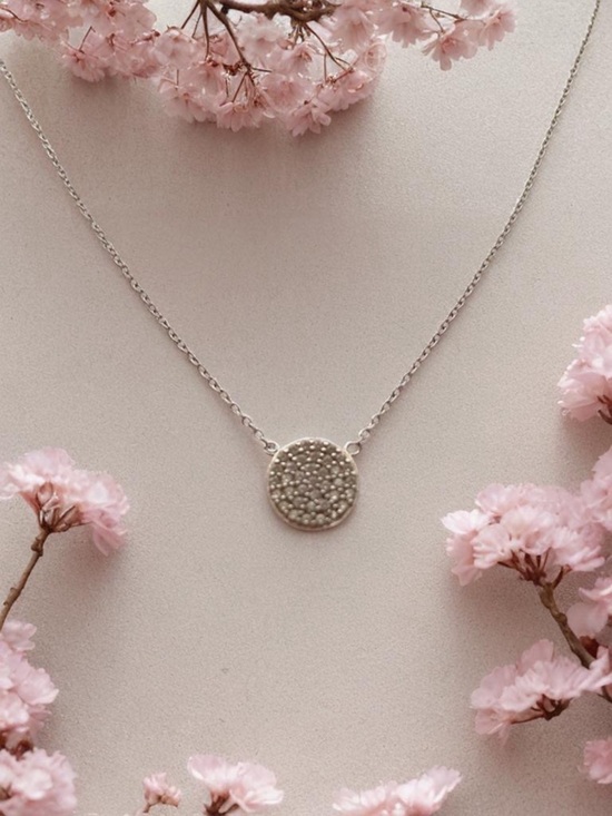 925 Sterling Silver Jewelry - Delicate Sterling Silver and Crystal Disc Necklace 18” inches long